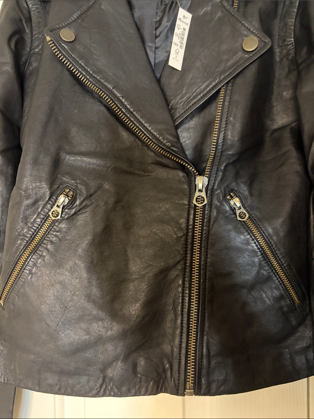 NWT Madewell Women's Black w/ Brass Hardware Washed Leather Motorcycle Jacket - Picture 4 of 8